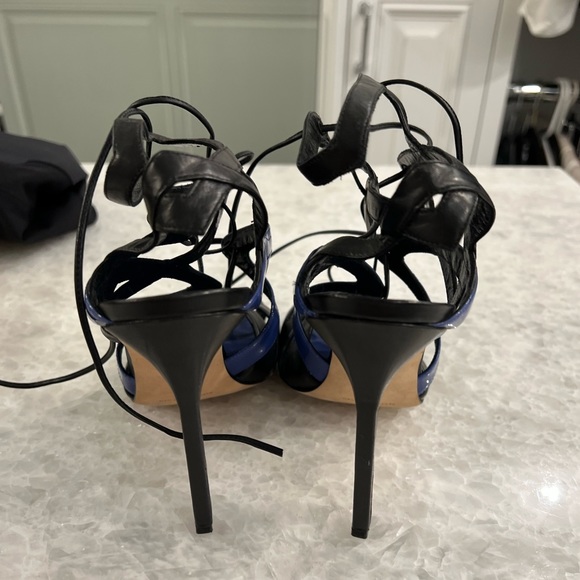 MANOLO BLAHNIK Netochka Lace-Up Cage Sandal Heels, Blue and Black Leather - Picture 4 of 6